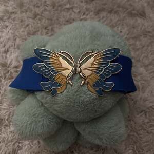 Vintage 80s Electric Blue Elastic Belt with Enamel Butterfly Buckle